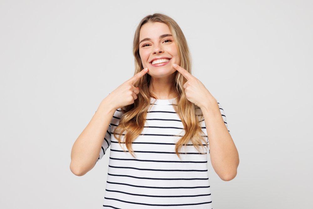 Young,Happy,Smiling,Caucasian,Cheerful,Woman,Wear,Striped,T-shirt,Casual